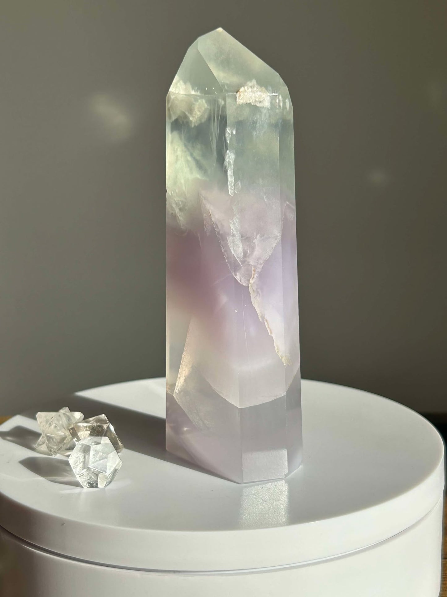Dreamy Velvet Lilac Brazilian Fluorite, enhances connection with the third eye, intuition, and manifestation of dreams.