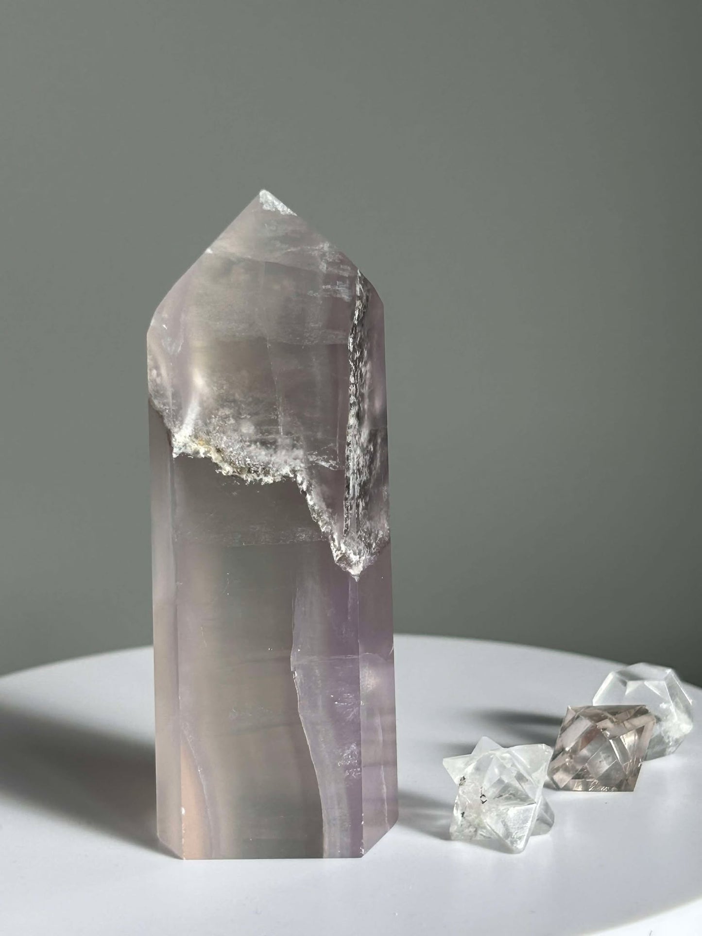 Dreamy Velvet Lilac Brazilian Fluorite, enhances connection with the third eye, intuition, and manifestation of dreams.