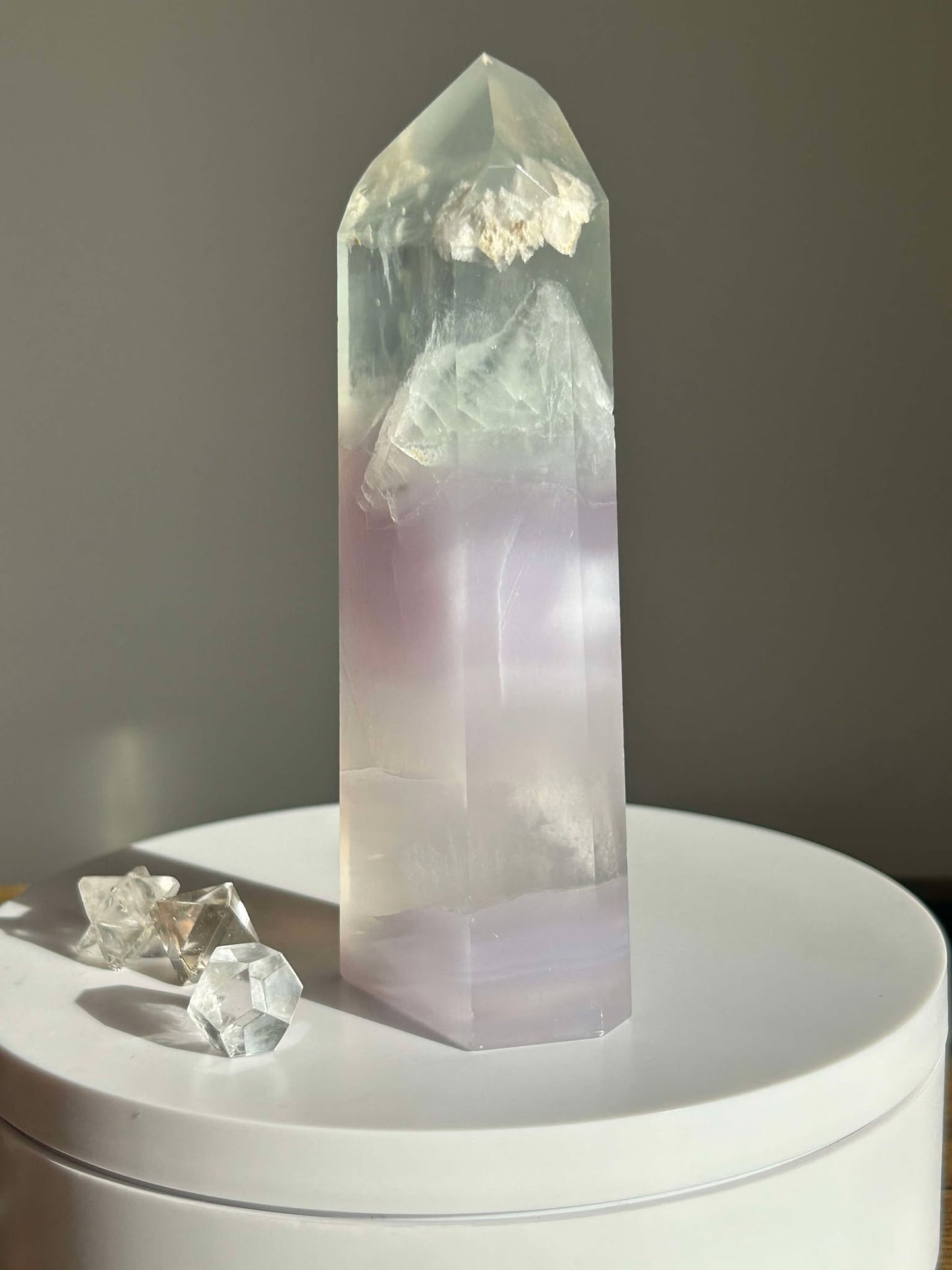 Dreamy Velvet Lilac Brazilian Fluorite, enhances connection with the third eye, intuition, and manifestation of dreams.