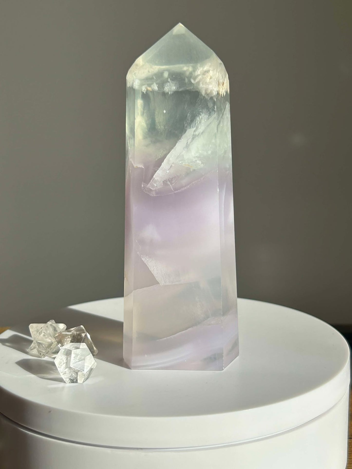 Dreamy Velvet Lilac Brazilian Fluorite, enhances connection with the third eye, intuition, and manifestation of dreams.