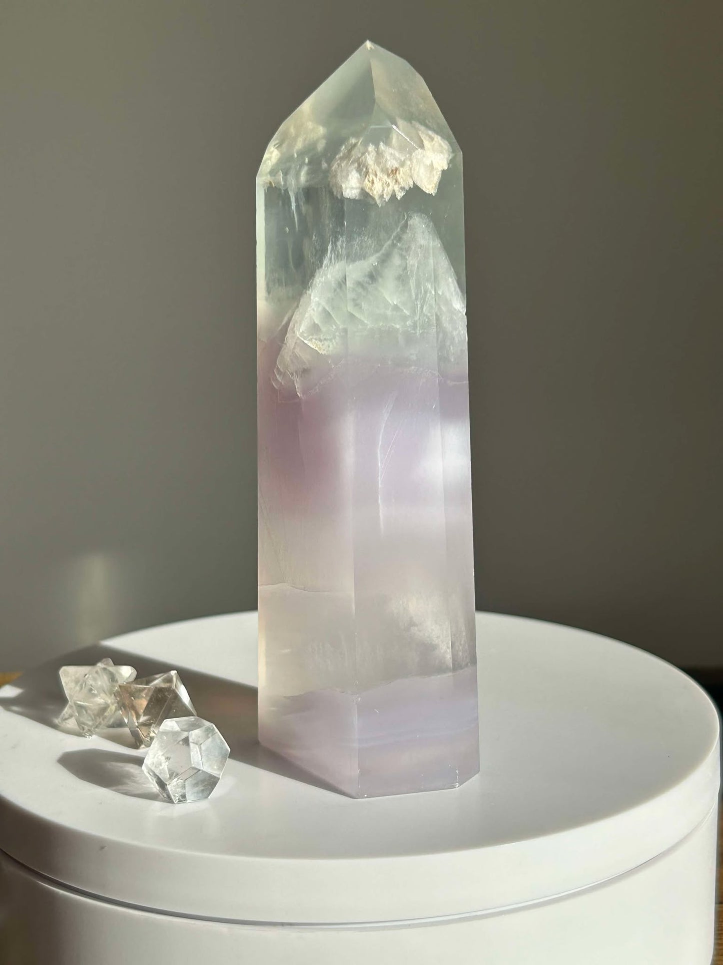 Dreamy Velvet Lilac Brazilian Fluorite, enhances connection with the third eye, intuition, and manifestation of dreams.