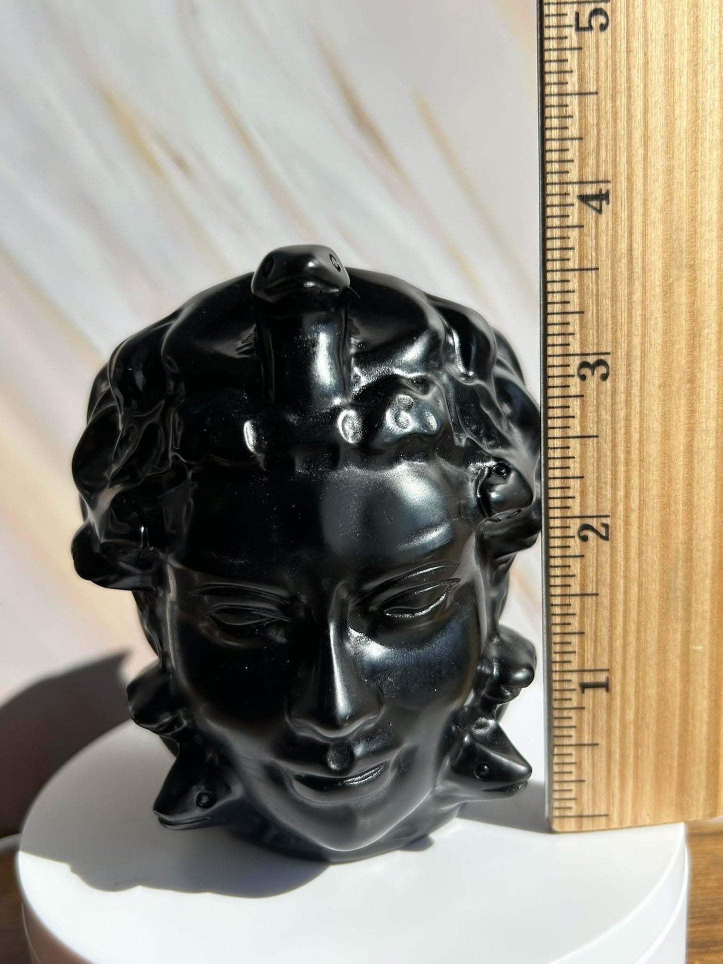 Medusa Black Obsidian Carved Head Statue Home Decor Collectible Shelf Display Unique Gift for Art Lovers Mythology Fans Desk Accent