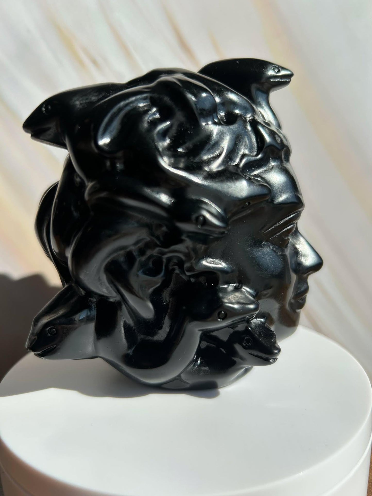 Medusa Black Obsidian Carved Head Statue Home Decor Collectible Shelf Display Unique Gift for Art Lovers Mythology Fans Desk Accent