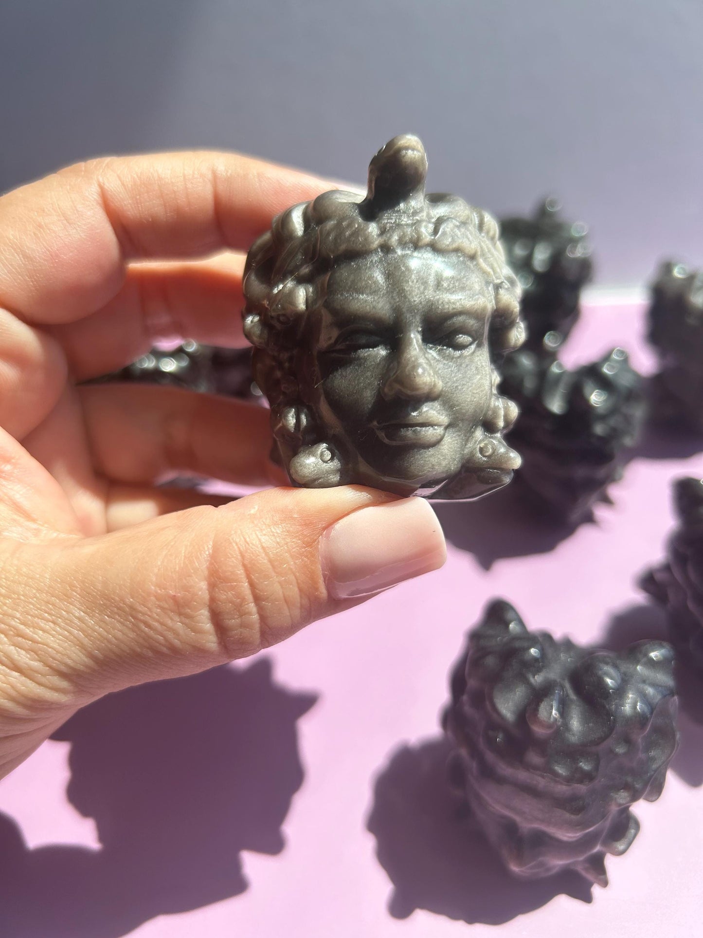 Medusa Black Silver Obsidian Carved Head Statue Home Decor Collectible Shelf Display Unique Gift for Art Lovers Mythology Fans Desk Accent