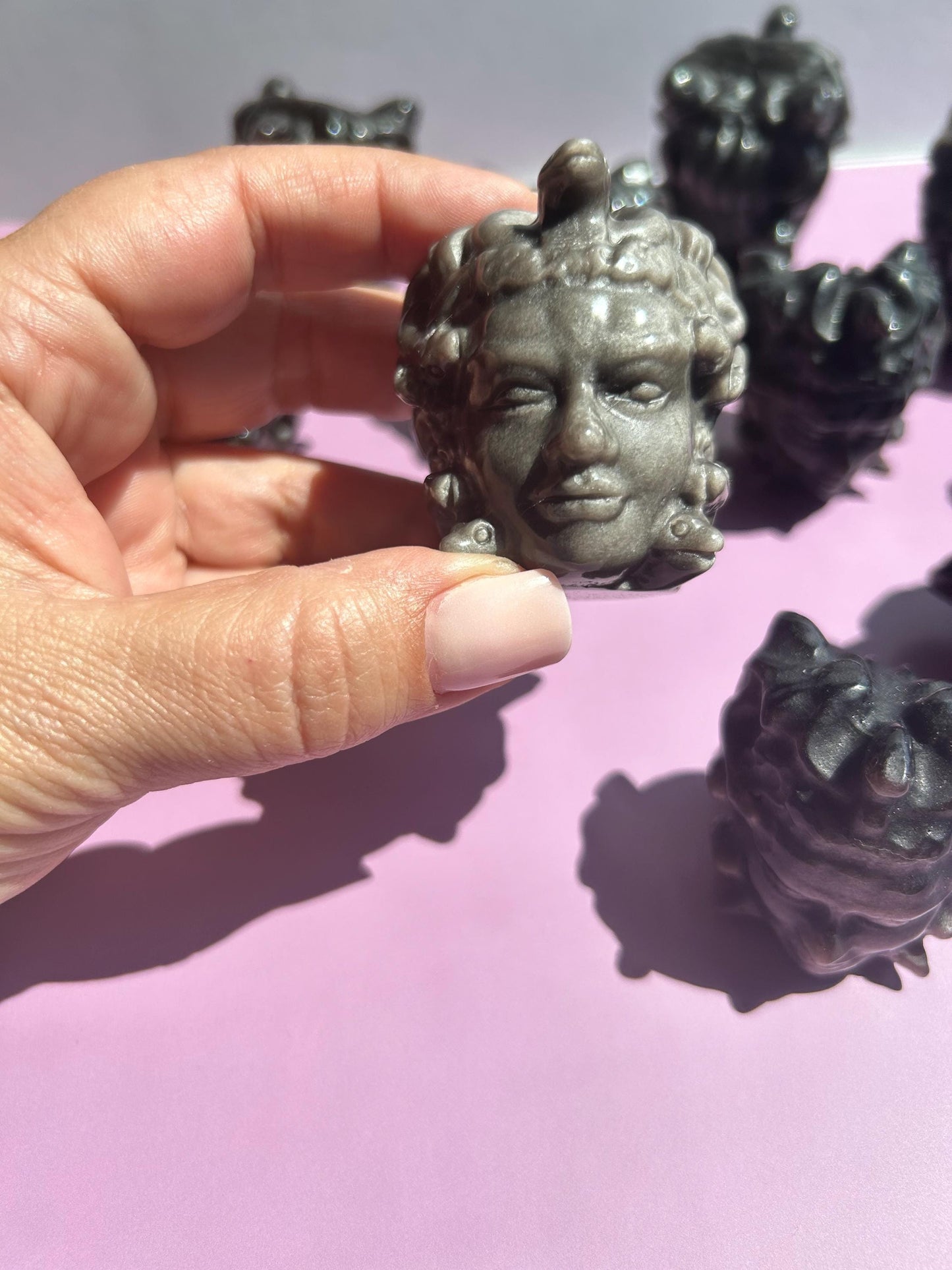 Medusa Black Silver Obsidian Carved Head Statue Home Decor Collectible Shelf Display Unique Gift for Art Lovers Mythology Fans Desk Accent