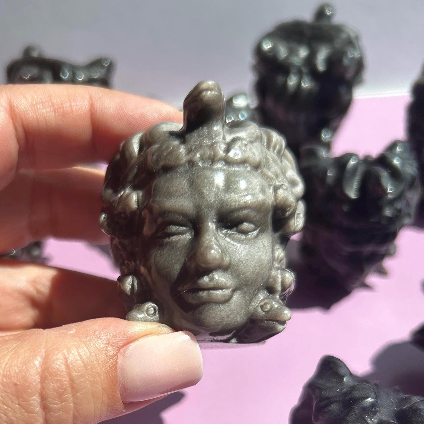 Medusa Black Silver Obsidian Carved Head Statue Home Decor Collectible Shelf Display Unique Gift for Art Lovers Mythology Fans Desk Accent