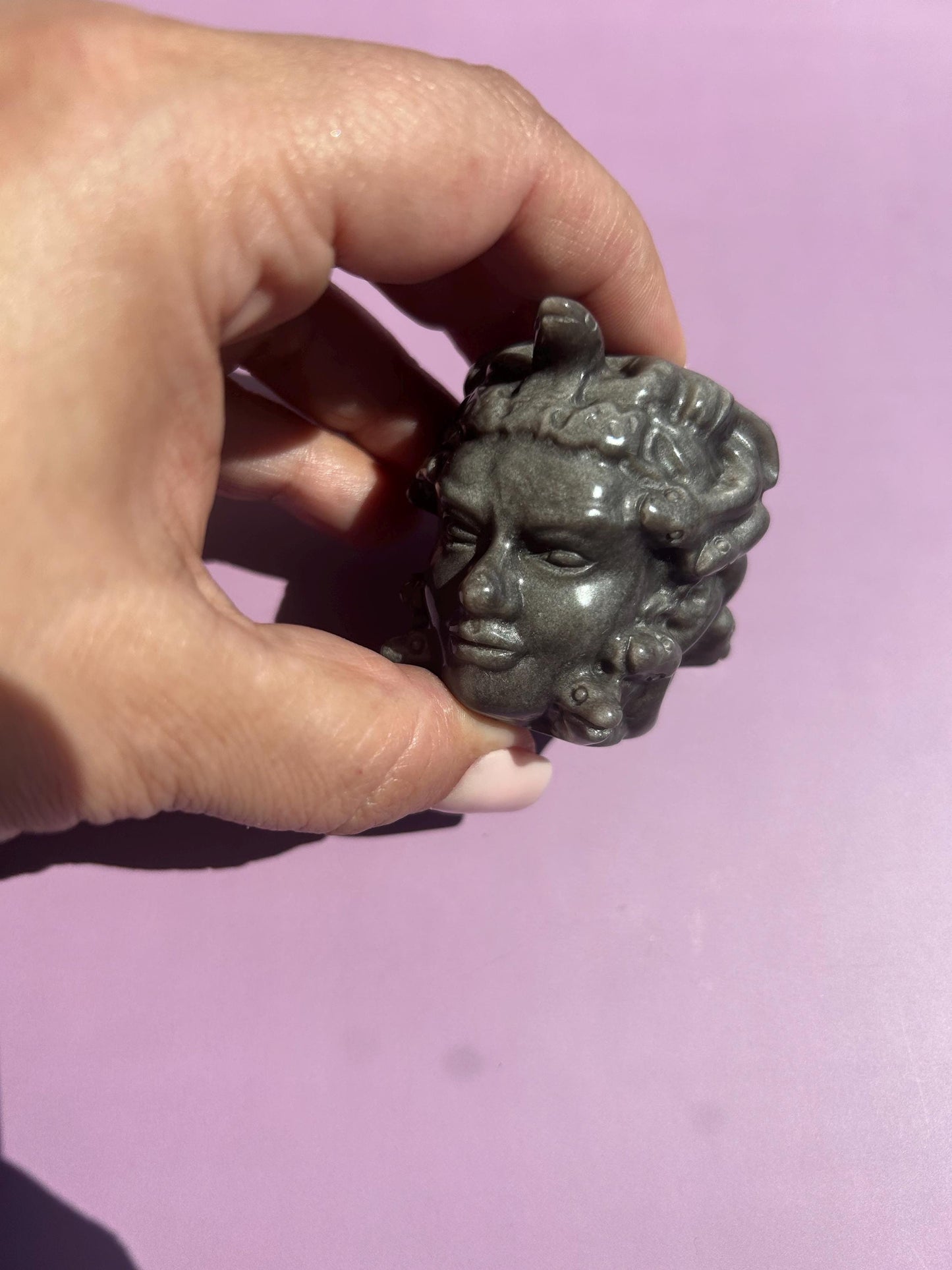 Medusa Black Silver Obsidian Carved Head Statue Home Decor Collectible Shelf Display Unique Gift for Art Lovers Mythology Fans Desk Accent