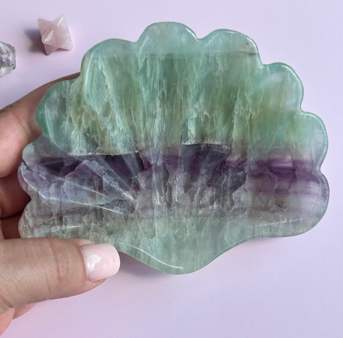 Fluorite Seashell Bowl Carved Dish Jewelry Holder Ocean Inspired Home Decor Gift for Beach Lover Bathroom Vanity Tray Coastal Mother Gift