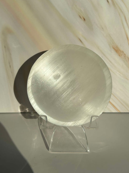 Selenite Bowl Smooth Polished Round Dish Home Decor Jewelry Holder Minimalist Style Vanity Tray Gift for Bedroom Office Shelf Display