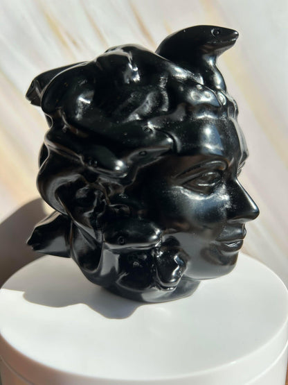 Medusa Black Obsidian Carved Head Statue Home Decor Collectible Shelf Display Unique Gift for Art Lovers Mythology Fans Desk Accent