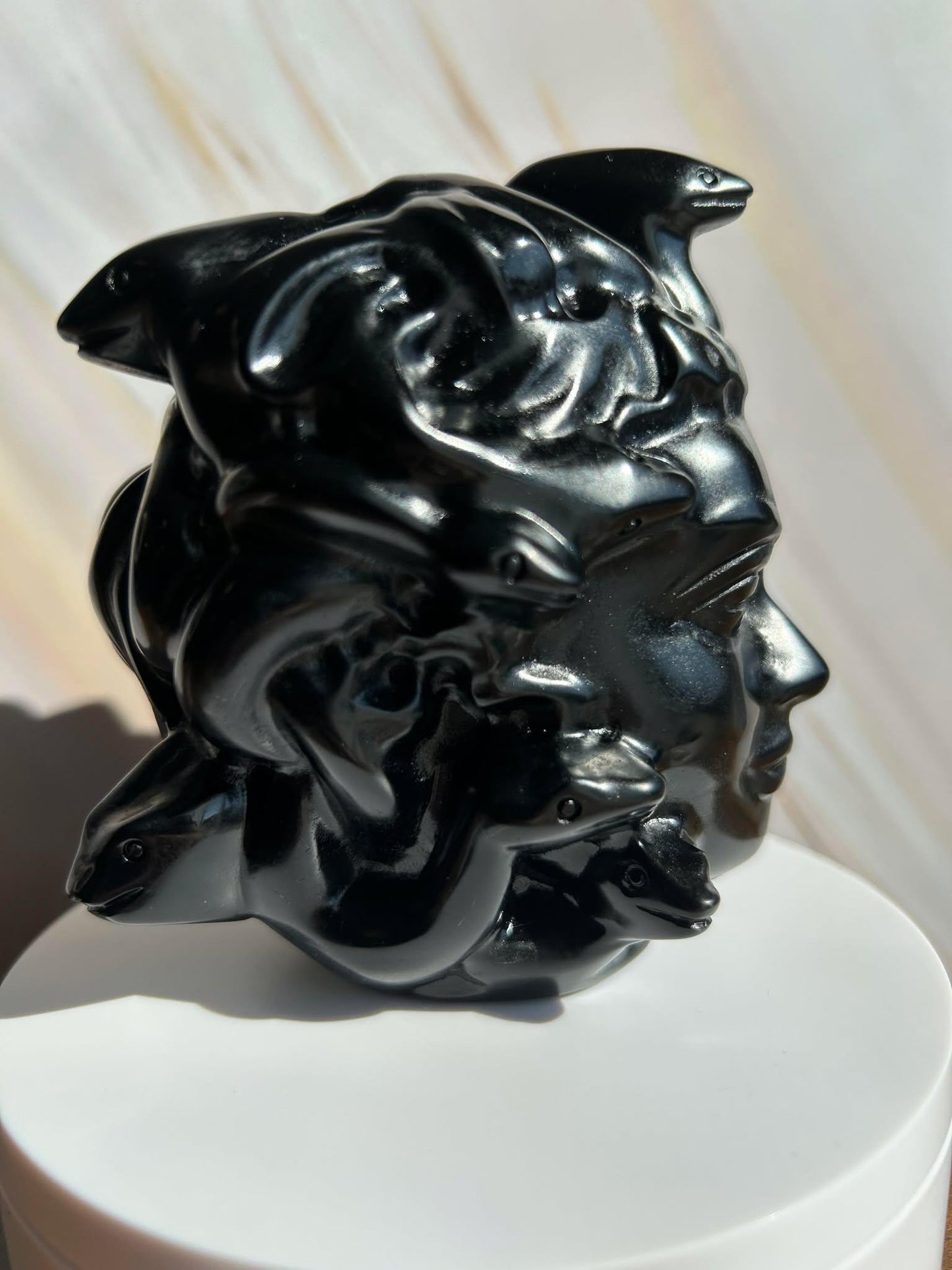 Medusa Black Obsidian Carved Head Statue Home Decor Collectible Shelf Display Unique Gift for Art Lovers Mythology Fans Desk Accent