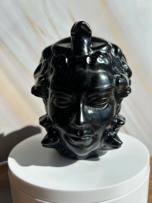 Medusa Black Obsidian Carved Head Statue Home Decor Collectible Shelf Display Unique Gift for Art Lovers Mythology Fans Desk Accent