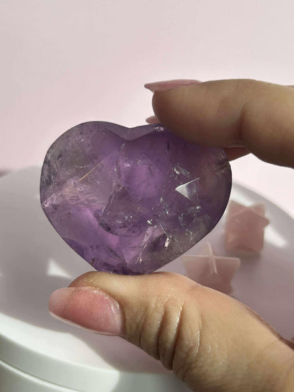Amethyst Facet Heart Carving Anniversary Gift Mom To Be Gift Meditation Altar Room Decor Baby Shower Breakup Divorce Gift Calming Crystals