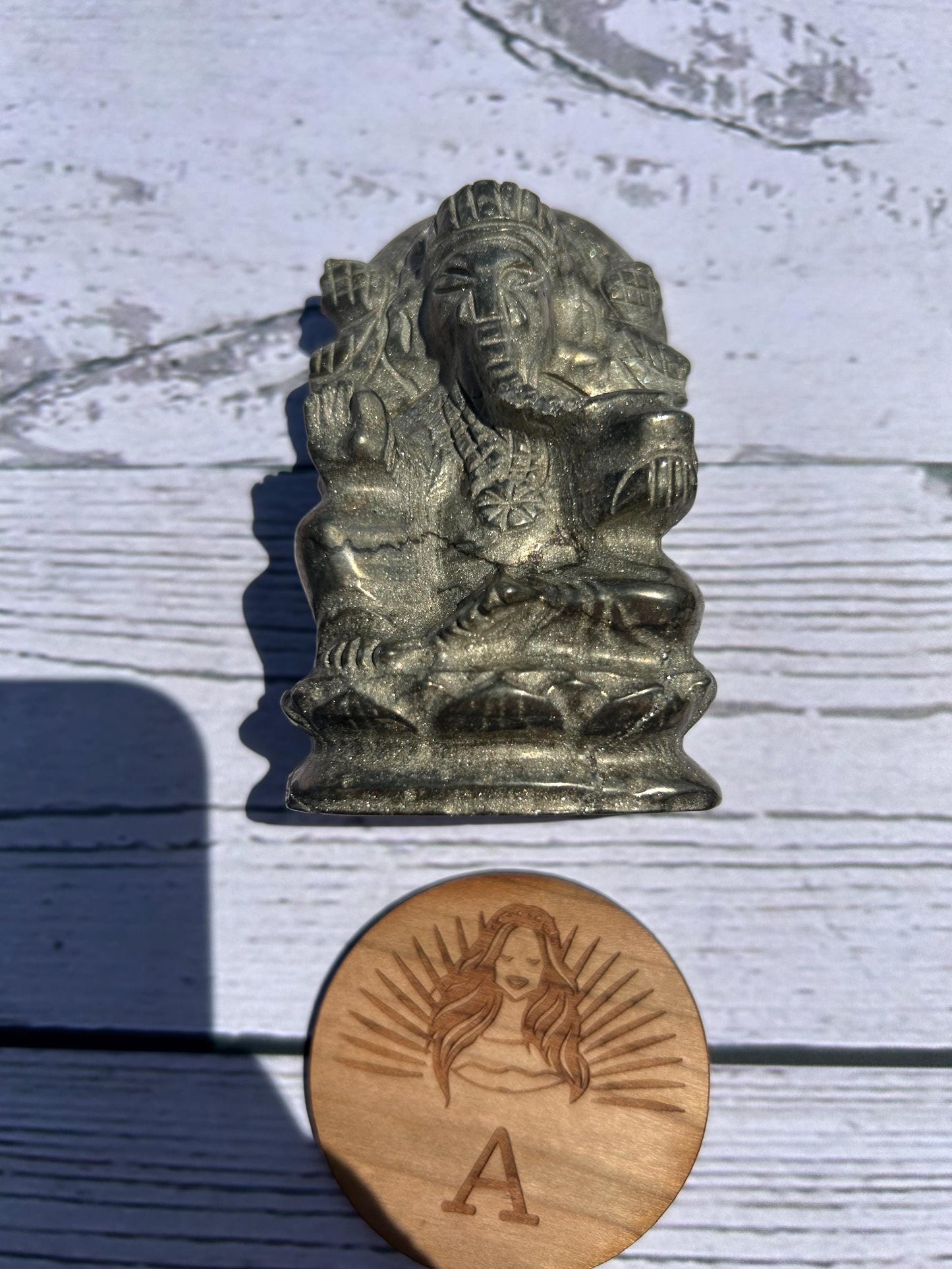 Ganesh Pyrite Carving Unique Gold Crystal Home Decor Meditation Altar Gift Yogi Statue Spiritual Collector Display Anniversary Wedding Gift