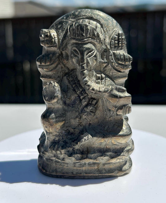Ganesh Pyrite Carving Unique Gold Crystal Home Decor Meditation Altar Gift Yogi Statue Spiritual Collector Display Anniversary Wedding Gift