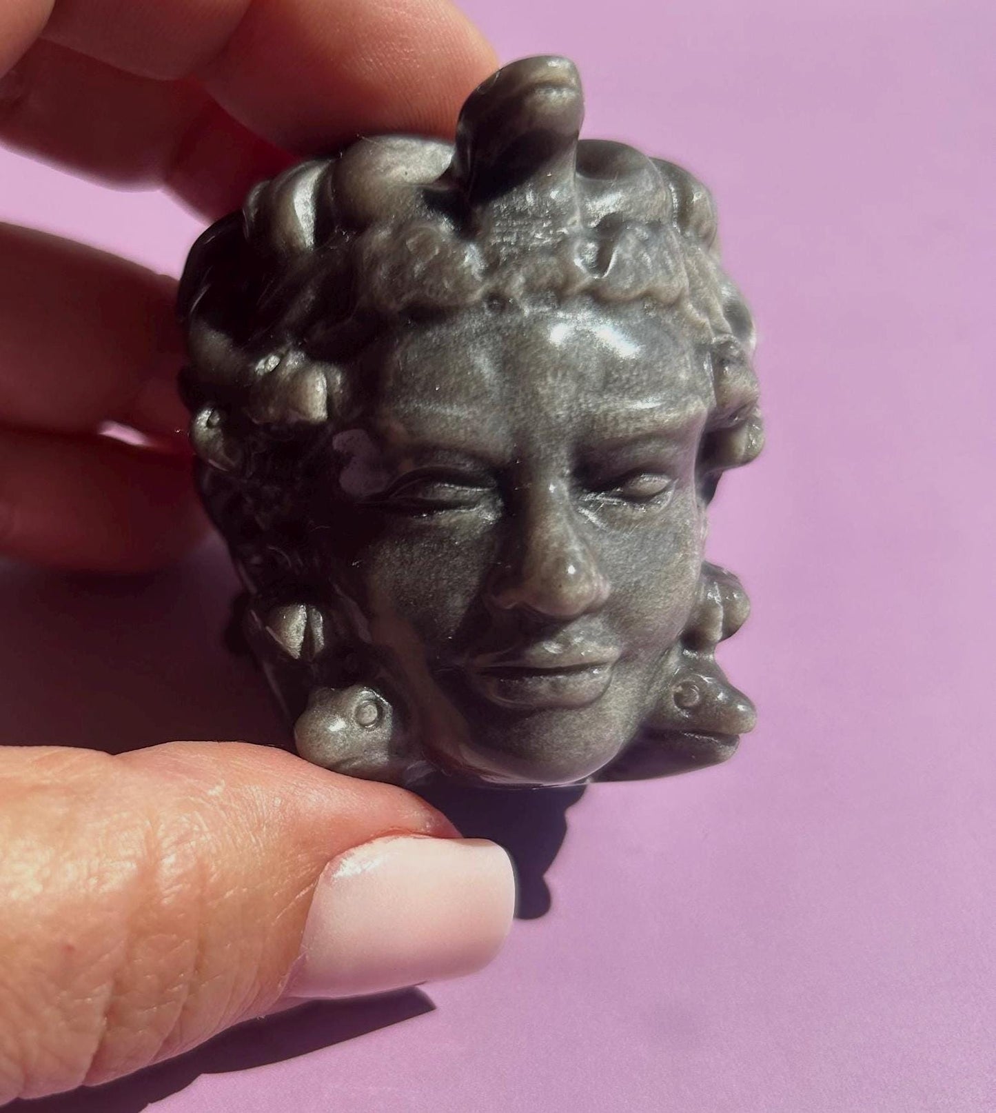 Medusa Black Silver Obsidian Carved Head Statue Home Decor Collectible Shelf Display Unique Gift for Art Lovers Mythology Fans Desk Accent