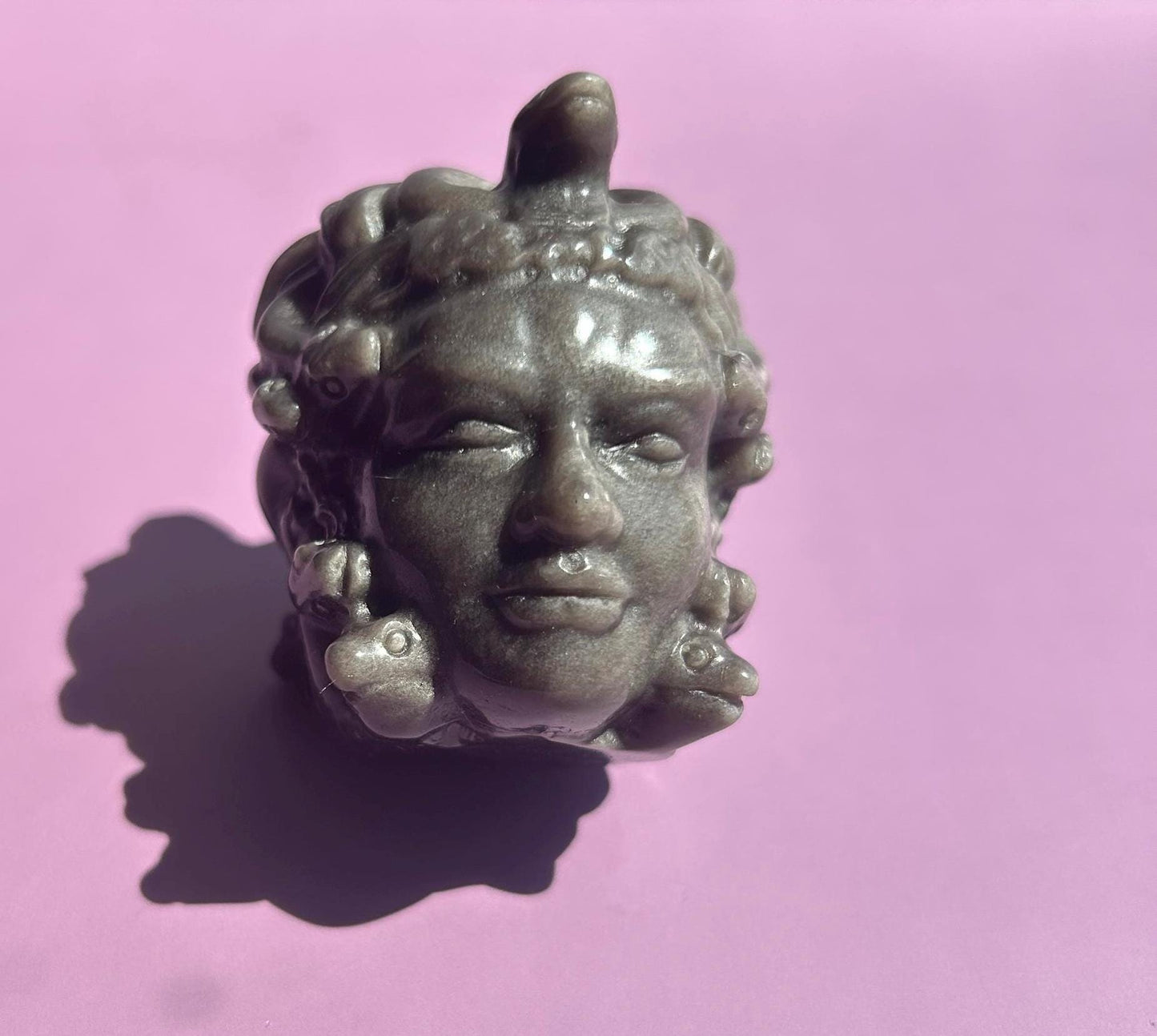 Medusa Black Silver Obsidian Carved Head Statue Home Decor Collectible Shelf Display Unique Gift for Art Lovers Mythology Fans Desk Accent
