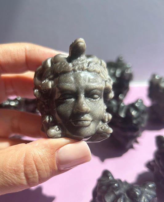 Medusa Black Silver Obsidian Carved Head Statue Home Decor Collectible Shelf Display Unique Gift for Art Lovers Mythology Fans Desk Accent
