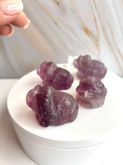Money Toad Fluorite Carving Purple Stone Crown Chakra Feng Shui Dorm Bedroom Home Decor Gift New Mom New to Crystals New Love Back to school