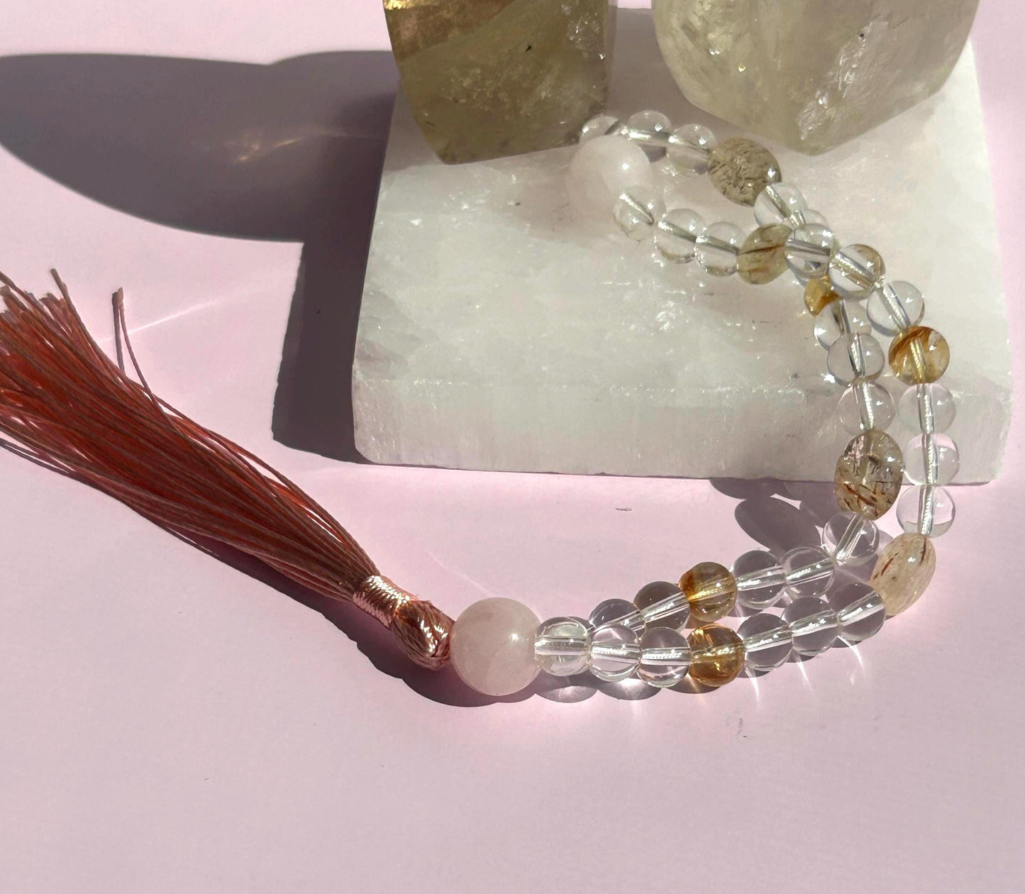 Citrine Clear Rose Quartz Rutilate Crystal Prayer Mala Beads Elegant Gift Yoga Enthusiasts Teachers Mindfulness Meditation Gift Alta Tool