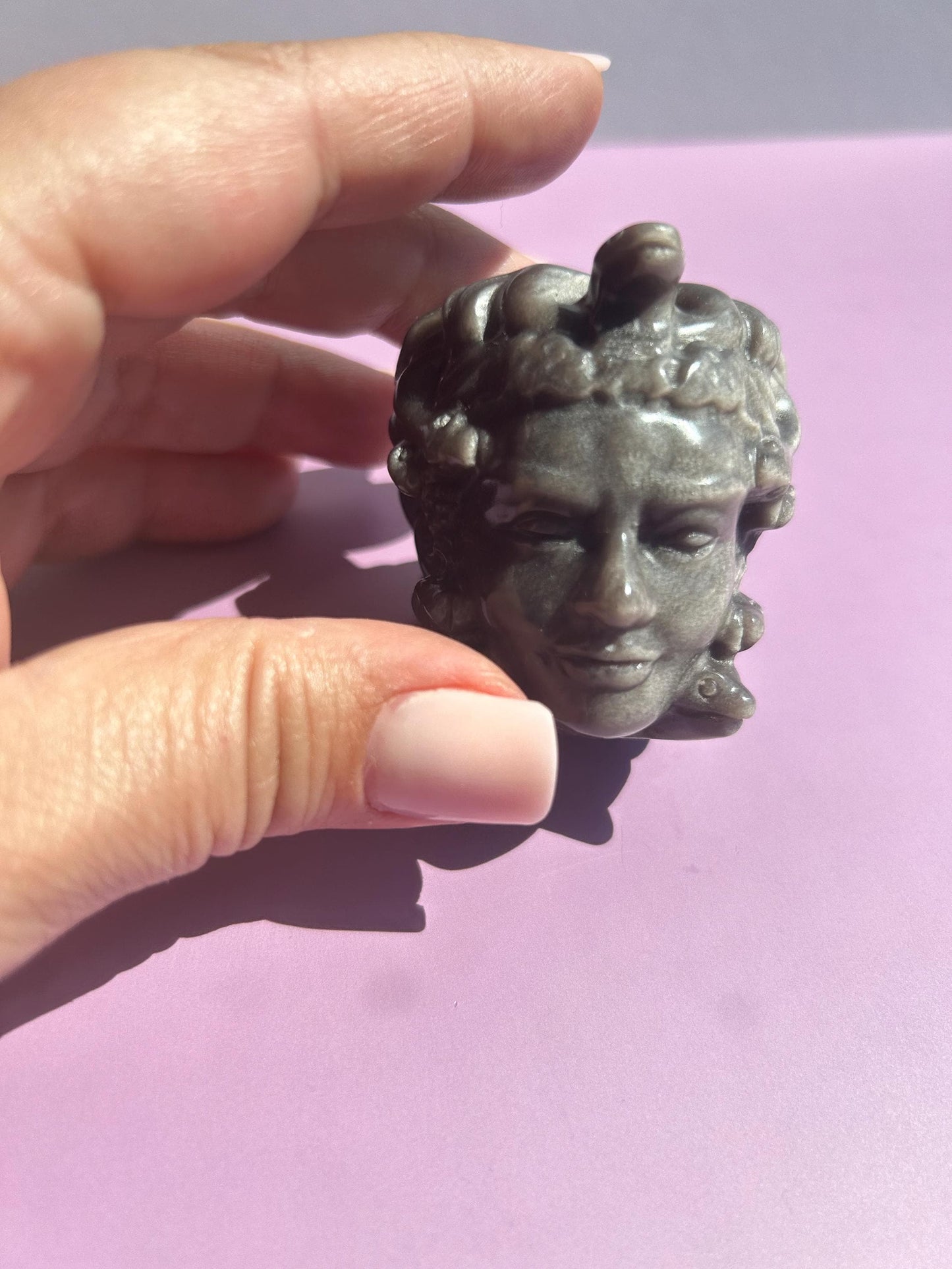 Medusa Black Silver Obsidian Carved Head Statue Home Decor Collectible Shelf Display Unique Gift for Art Lovers Mythology Fans Desk Accent