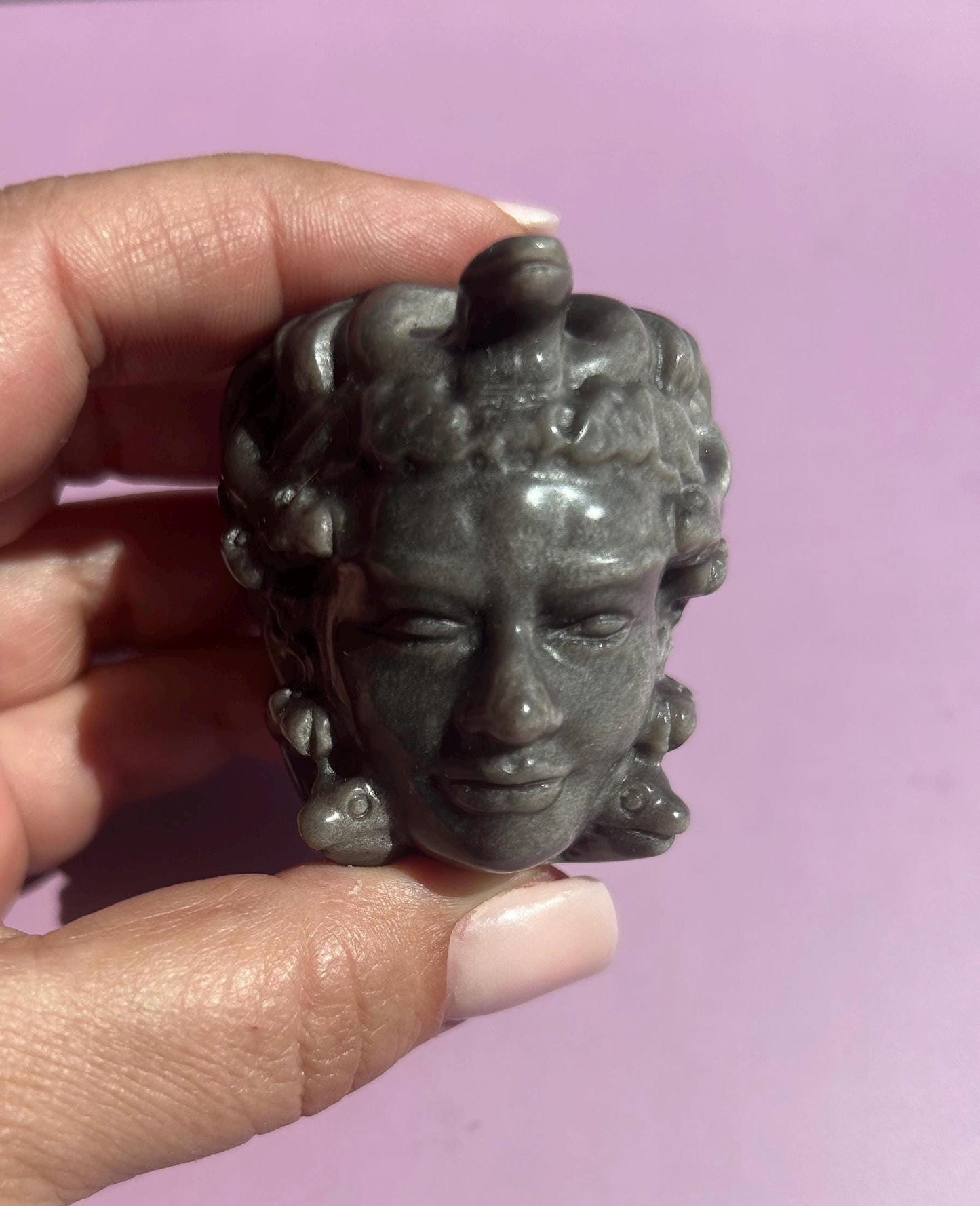 Medusa Black Silver Obsidian Carved Head Statue Home Decor Collectible Shelf Display Unique Gift for Art Lovers Mythology Fans Desk Accent
