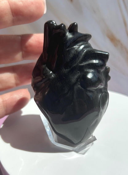 Black Silver Obsidian Heart Carved Stone Decorative Crystal Mothers Day Anniversary Valentines Gift for Best Friend Empath Bedroom Decor