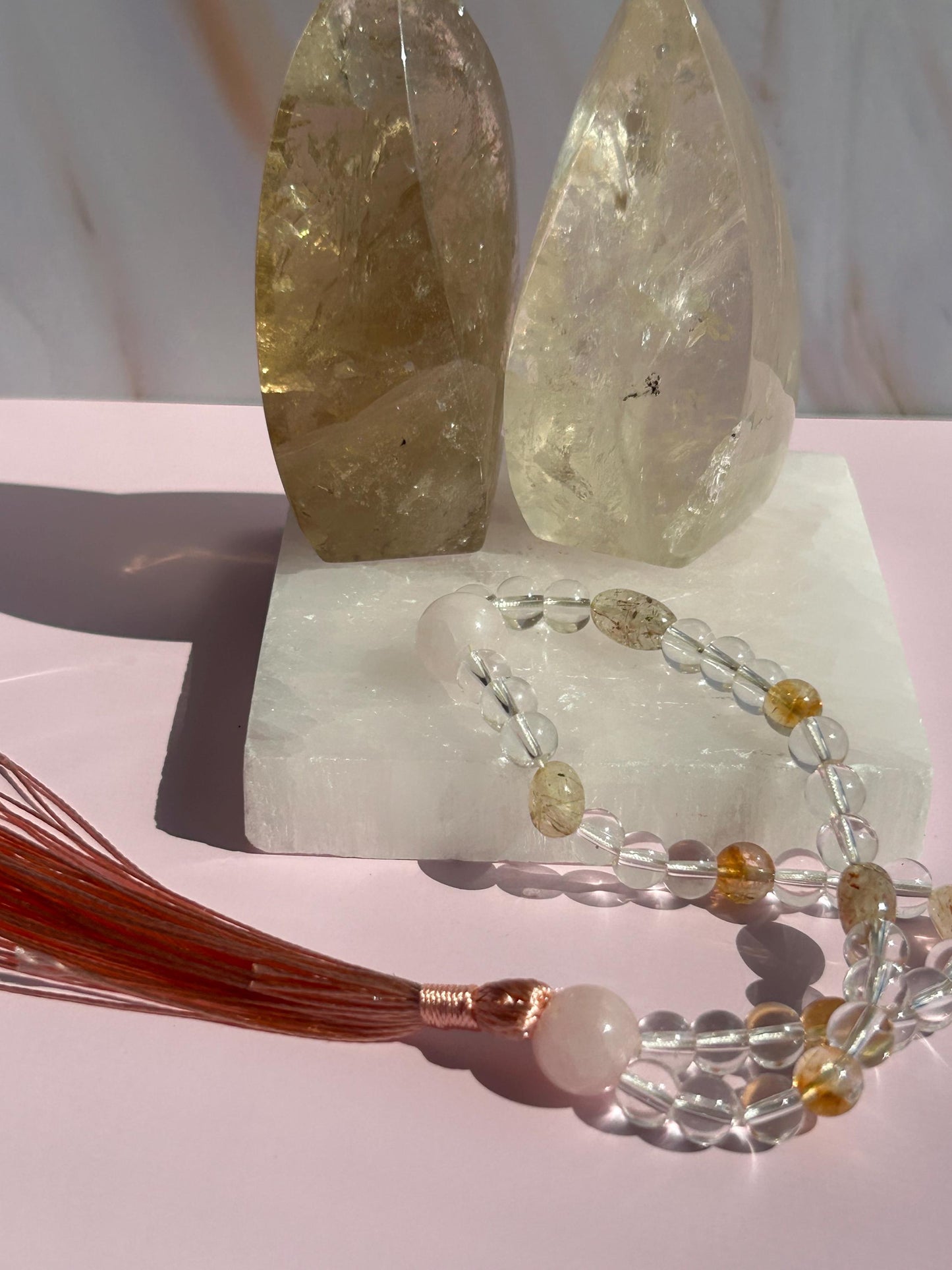 Citrine Clear Rose Quartz Rutilate Crystal Prayer Mala Beads Elegant Gift Yoga Enthusiasts Teachers Mindfulness Meditation Gift Alta Tool