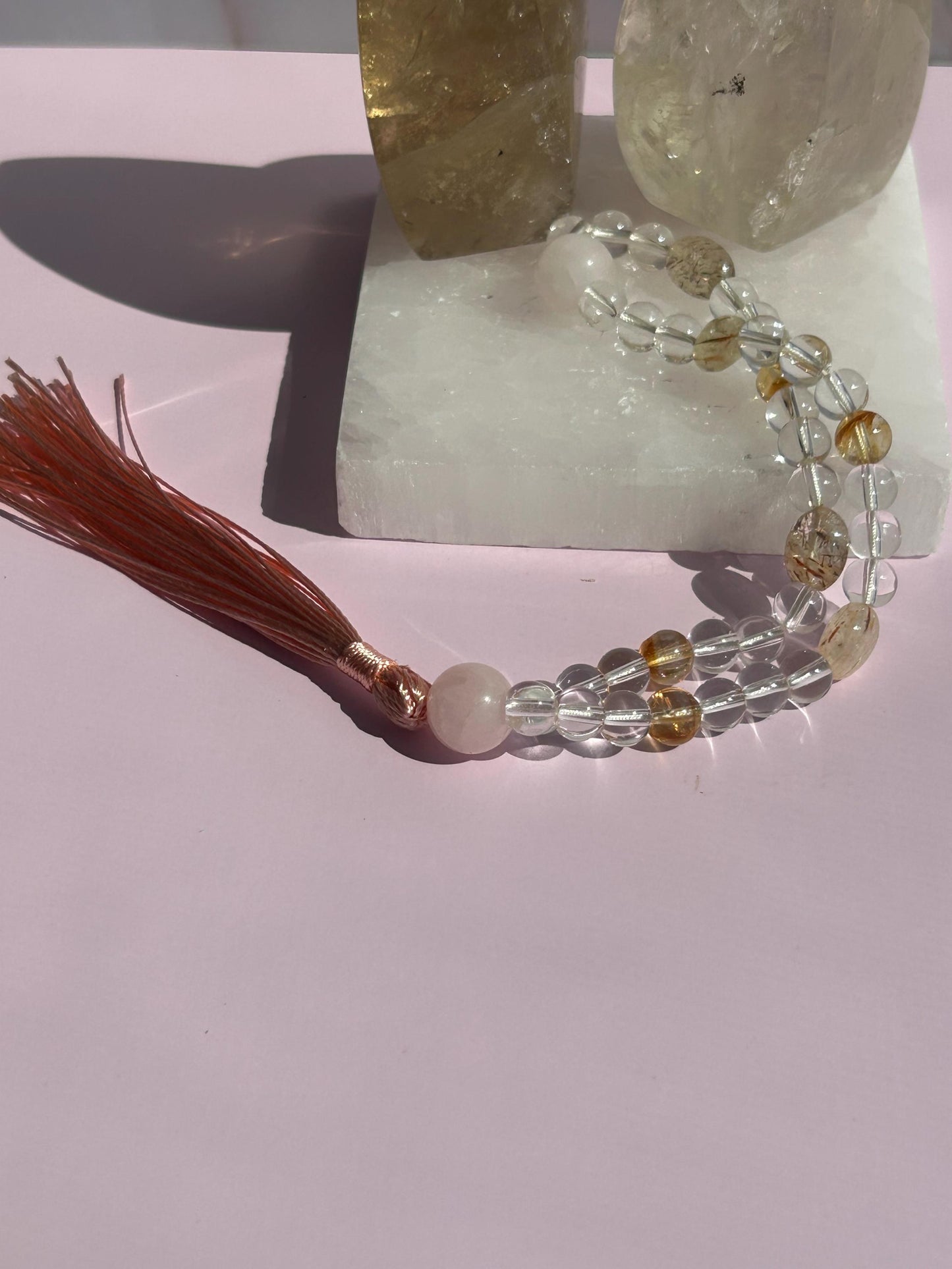 Citrine Clear Rose Quartz Rutilate Crystal Prayer Mala Beads Elegant Gift Yoga Enthusiasts Teachers Mindfulness Meditation Gift Alta Tool