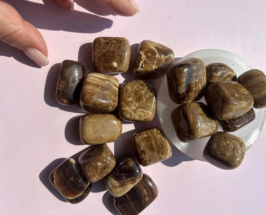 Chocolate Calcite Polished Crystal Tumbled Stone Unique Cocoa cream pattern decorative accent home office desk shelf display gift mom Bestie